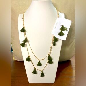 Charming Charlie, Green Tassel necklace, and earrings set